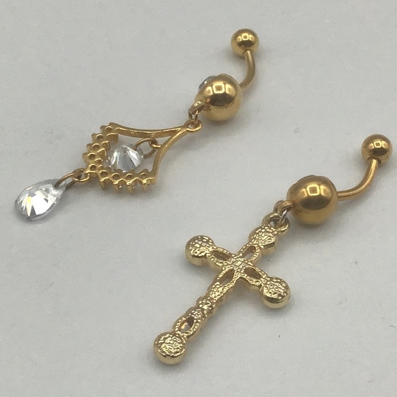 Goldtone Belly Button Rings Dangle with Cubic Zirconia - Picture 5 of 7